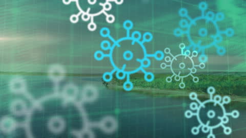 Digital Covid-19 Virus Data Visualization Over Scenic Landscape