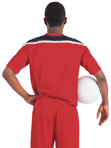Transparent confident soccer player holding ball in red jersey