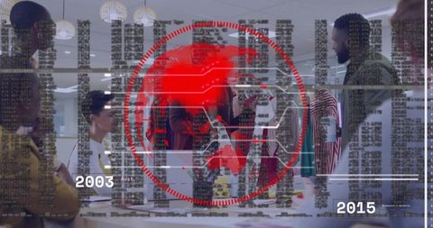 Fashion design team collaborating with red globe analytics overlay for retail planning