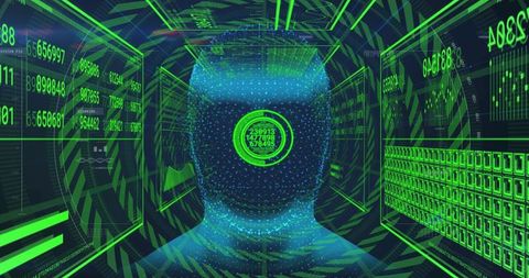 Holographic Head Pulsing Inside Data Corridor with Circular HUD, Neon Cyber Matrix