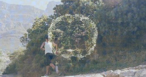 Trail runner with digital skull mesh overlay representing risk, fitness data, health
