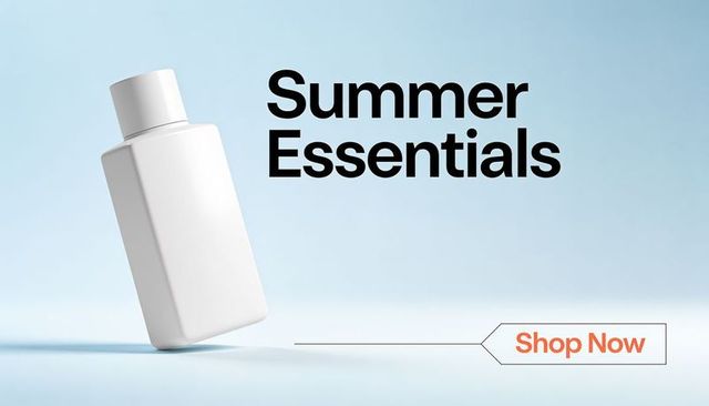 Minimal white cosmetic bottle tilting on soft blue gradient with summer essentials text