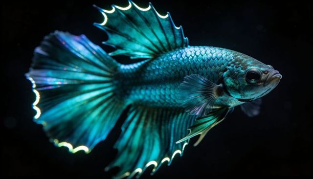 Iridescent turquoise betta fish gliding with flowing fins and prismatic scale highlights