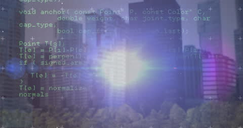 Digital Data Stream Flowing Over Modern Cityscape Panorama