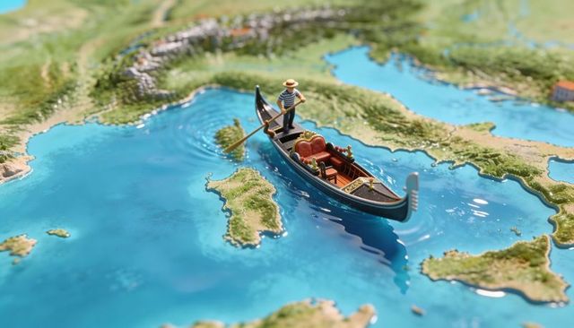Miniature gondola gliding over mediterranean diorama map with gondolier rowing