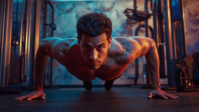 Intense Focused Workout by Muscular Man in Gym Lightning Glow
