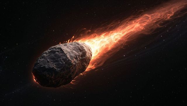 Fiery meteoroid racing through starfield with blazing plasma tail and glowing edges