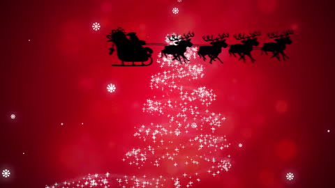 Santa and Sleigh Silhouette Over Magical Christmas Tree
