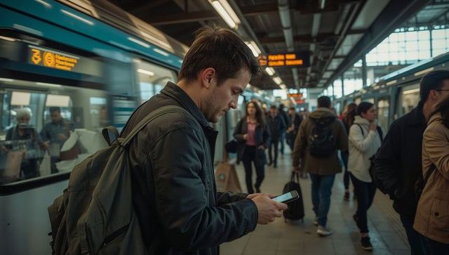 Commuter checking smartphone on crowded metro platform during urban rush hour travel