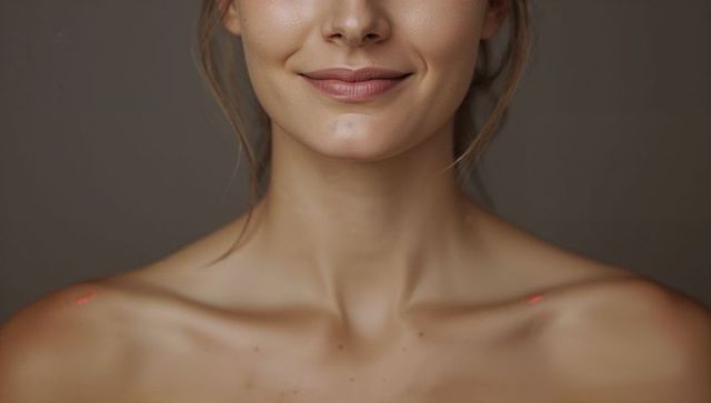 Close-up smiling woman lower face collarbone neck showing freckles and soft skin