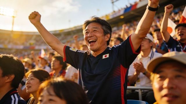 Japanese fan cheering wildly in stadium at sunset celebrating national team victory