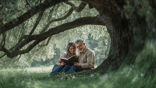 Intergenerational pair reading under gnarled tree canopy, serene meadow intimacy