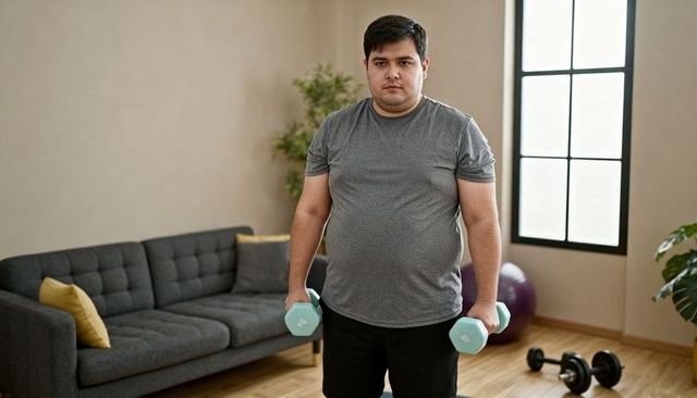 Man lifting mint dumbbells and working out in cozy living room for home fitness progress