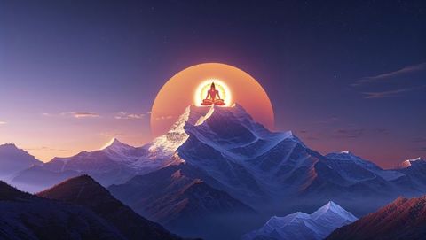 Zen Meditation on Mystical Mountain at Twilight with Glowing Halo