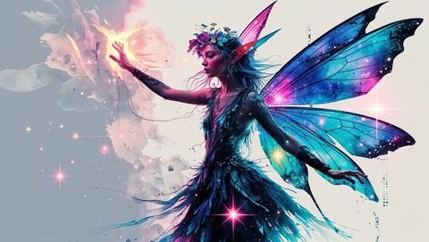 Fantasy fairy casting spell with radiant butterfly wings