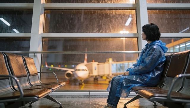Solo traveler waiting at rain-soaked airport gate with plane at jet bridge, night terminal
