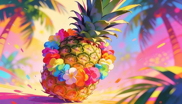 Vibrant pineapple wearing rainbow lei on sunlit tropical beach with palm fronds