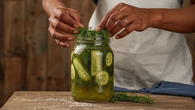 Hands placing fresh dill on pickling cucumber slices in mason jar rustic kitchen closeup