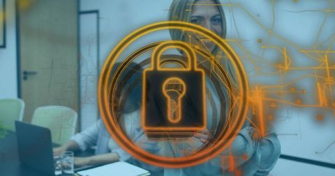 Digital Padlock Overlay Promoting Cybersecurity in Modern Office