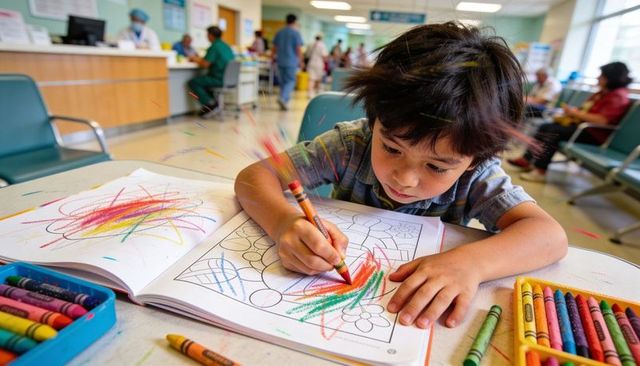 Child coloring in pediatric clinic waiting room with crayons and coloring book