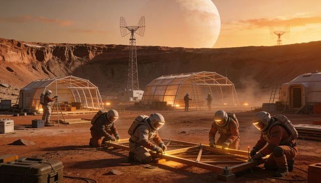 Mars outpost crew bolting habitat frame at sunset with domes and communication antennas