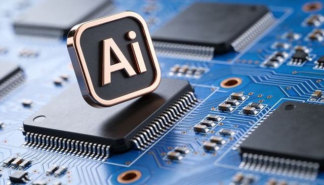 Ai emblem sitting on microchip atop blue pcb, macro closeup of copper traces and vias