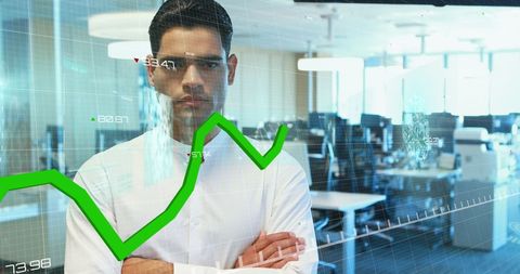 Confident Businessman Analyzing Data Trends in Modern Office