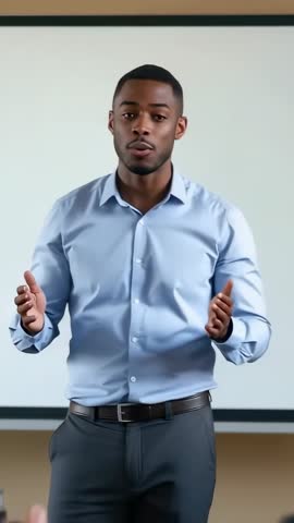 Vertical business presentation featuring confident presenter explaining strategy