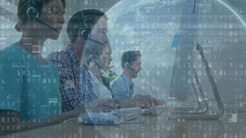 Call Center Team Analyzing Financial Data with Technology