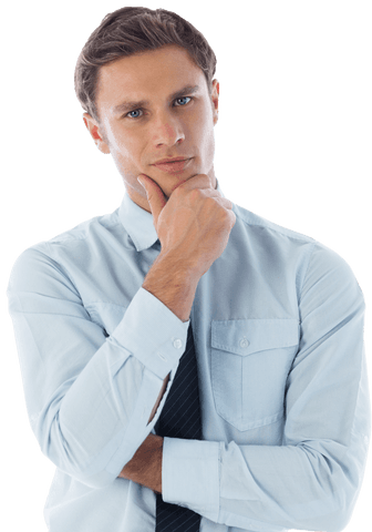 Transparent businessman with hand on chin thinking confidently