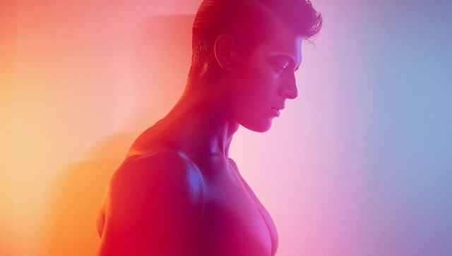 Shirtless male model with vibrant gel lighting