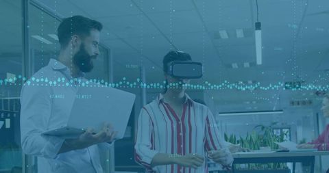 Woman using vr headset demonstrates modern virtual collaboration