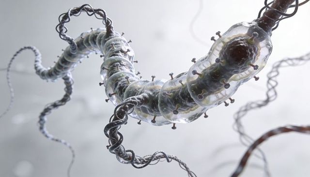 High-detail neuron axon showing segmented myelin sheath, microfilaments and protrusions
