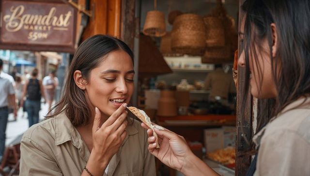 Hispanic woman tasting pastry at outdoor market stall while vendor sharing sample