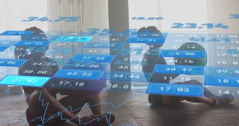 Futuristic fitness hud overlay on women stretching in gym silhouette, wearable analytics