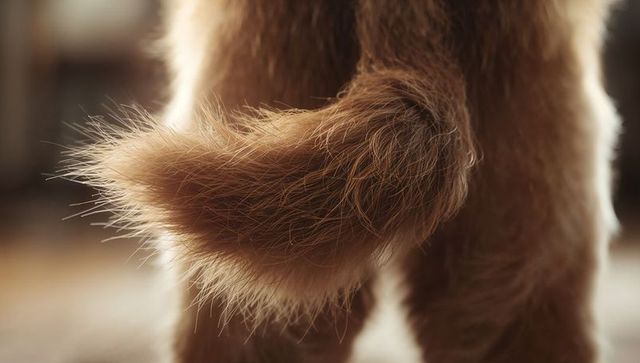 Backlit fluffy brown dog tail closeup showing dense fur texture warm indoor light