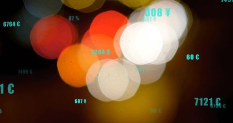 Neon bokeh finance overlay showing currency values on blurred urban night lights