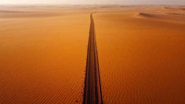 Narrow path of tire tracks cutting through endless golden desert
