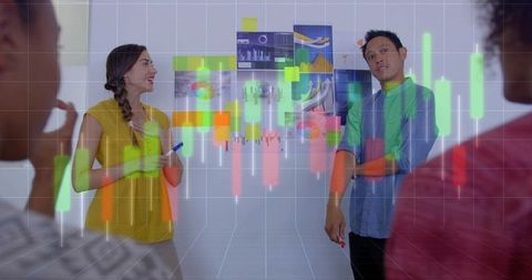 Presenting data visualization with candlestick charts during team brainstorming meeting