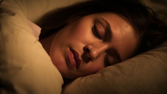 Sleeping woman resting peacefully on pillow under warm bedside light, cozy intimate closeup