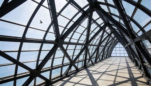 Curved glass atrium with arched steel truss lattice casting dramatic shadow lines