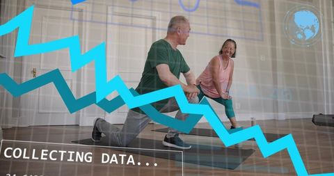 Senior couple doing lunges with wearable fitness data overlay for wellness tracking