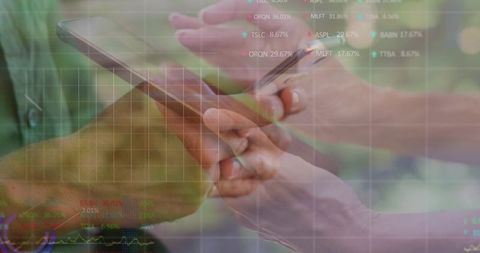 Hands Holding Smartphones Overlaid with Stock Charts for Mobile Trading and Fintech