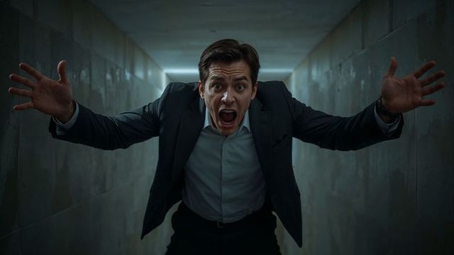 Frustrated businessman shouting in concrete corridor