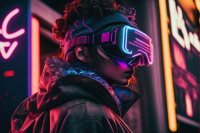 Biracial woman wearing vr headset in neon lit city street, created using generative ai technology. Cyber technology and futuristic virtual reality headset concept digitally generated image.