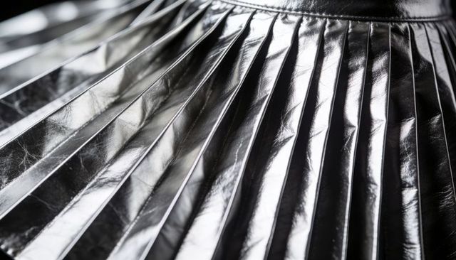 Reflective silver pleated skirt detail showcasing glossy metallic folds and stitched waistband