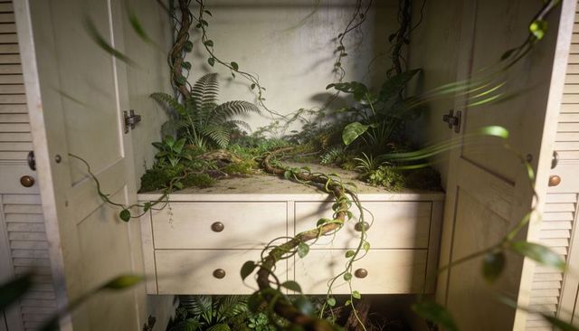 Wooden wardrobe transforming into lush indoor terrarium with twining vines