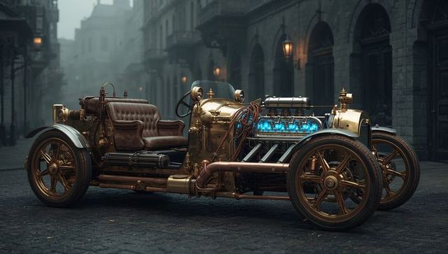 Steampunk Vintage Car with Glowing Engine on Cobblestone Street