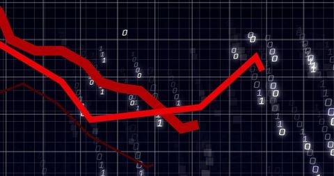 Red Zigzag Trend Lines Crossing Dark Binary Grid Representing Financial Data Fluctuations