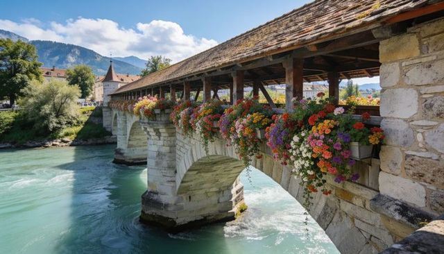 Historic stone covered bridge spanning turquoise river with overflowing flower boxes